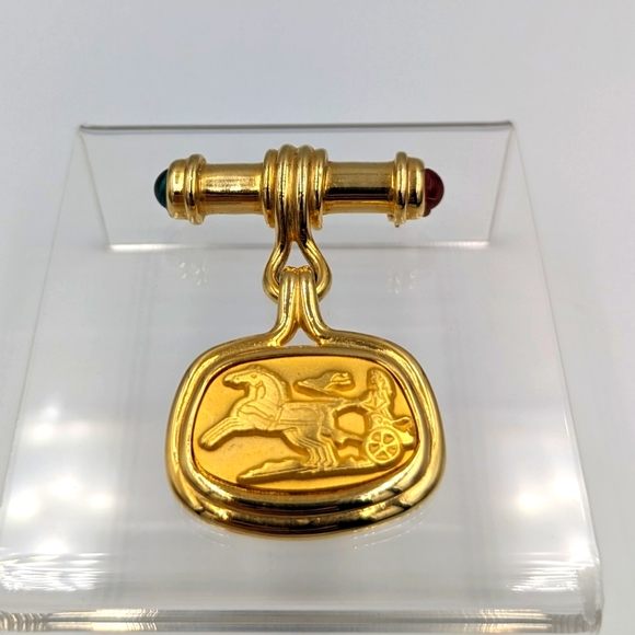 Gripoix Bar Brooch Gold Tone With Greek/Roman Style Pendant Horse Chariot Athena - Picture 7 of 11